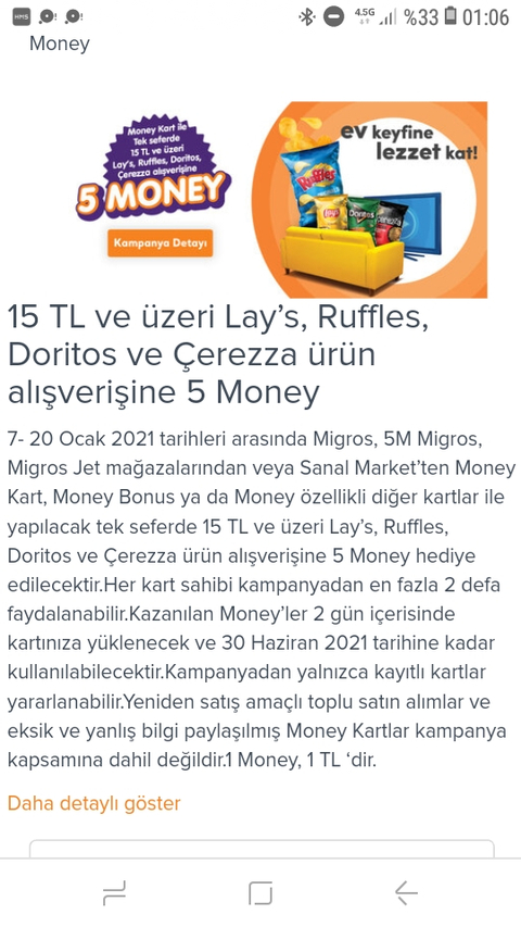 Migros 15 TL ve üzeri Lay’s, Ruffles, Doritos ve Çerezza Ürün Alışverişine 5 Money Hediye