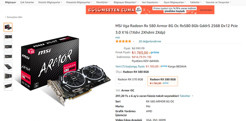 1783 TL RX 580 8G  MSI Radeon Rx 580 Armor 8G Oc