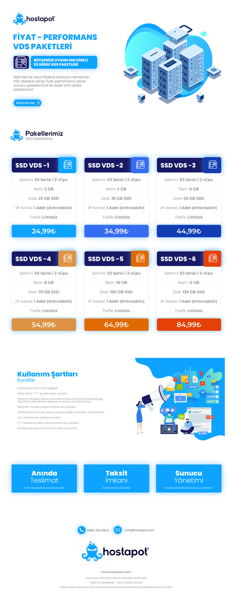 🔔 Hostapot Kalitesiyle Tanışın! 🚀 Netinternet ve Radore SSD VDS Paketleri | E5 v2-v3 İşlemciler 🚀