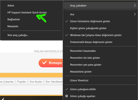 HP SUPPORT ASİSTAN KENDİ KENDİNE ARAÇ ÇUBUĞU OLARAK AÇILIYOR