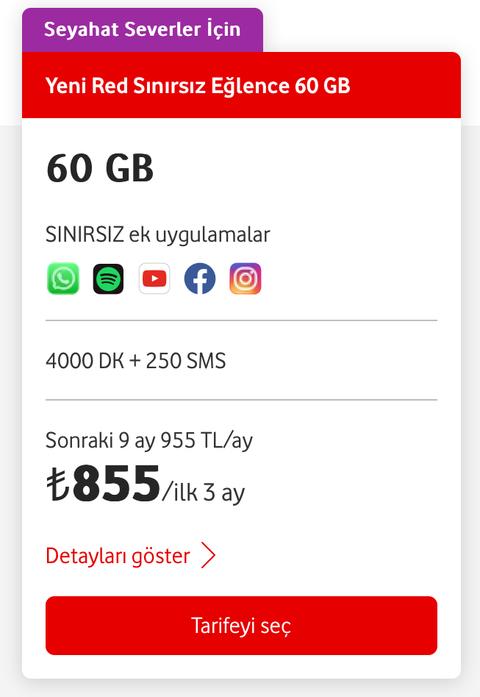 Vodafone dan 60 GB + SSM 955₺, 50 GB + SSM 755₺