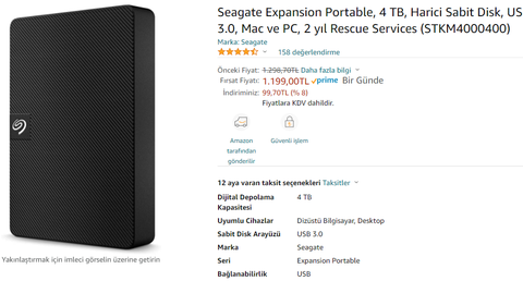 Amazon Seagate Portable, 4 TB 1.199,00 TL