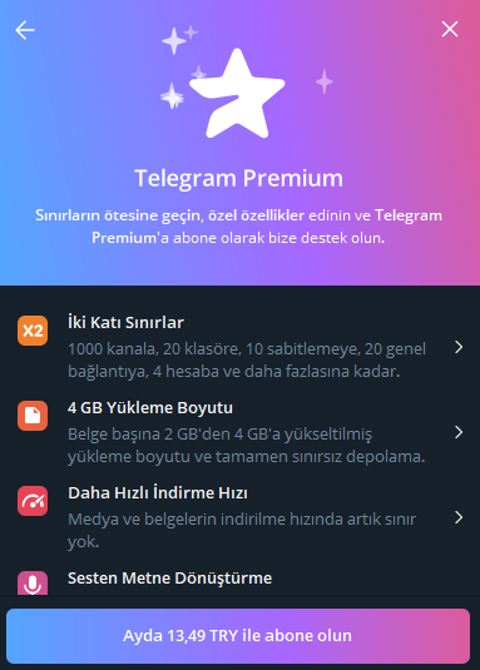 Telegram Premium 13,49 Lira (Bilgisayardan Alımlarda)
