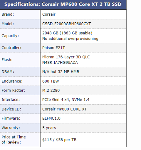 Corsair 2TB MP600 Core XT NVMe 5000MB/4400MB SSD 2538 TL - 1TB 1280 TL