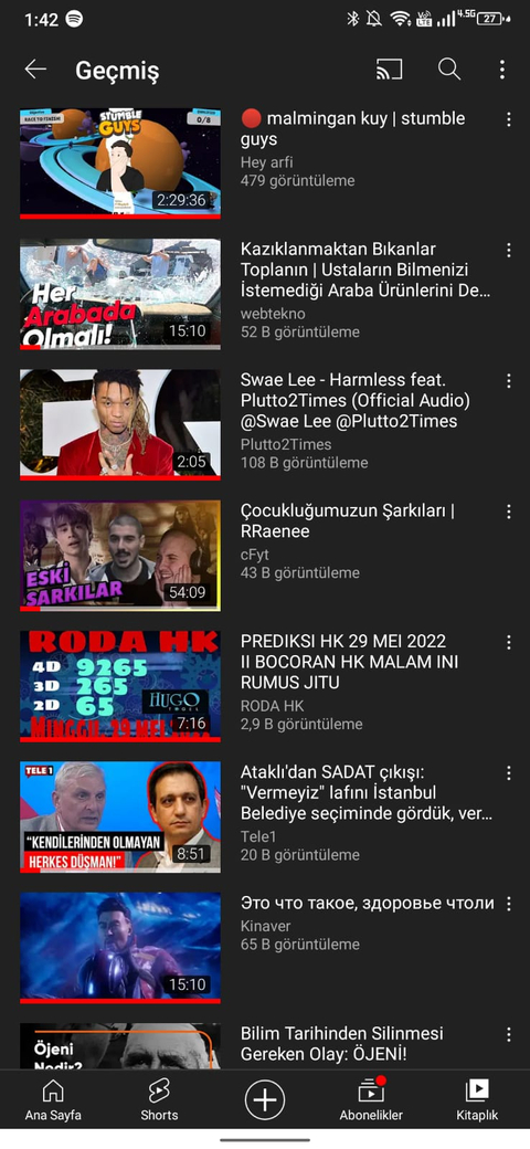 Youtube izleme geçmişimde izlemediğim videolar var