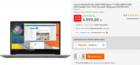 Lenovo IdeaPad S145-15API AMD Ryzen 7 3700U 8GB 512GB HB 5.000 TL + Kargo