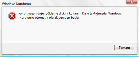 64 bit yazan diğer yükleme diskini kullanın.