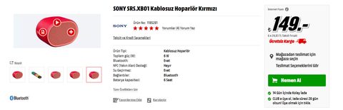 Sony Bluetooth Hoparlör (149 TL) (DİPPP) (MEDİAMARKT)