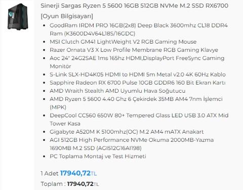 12599 TL Sinerji Sargas Ryzen 5 5600 16GB 512GB NVMe M.2 SSD RX6700 [Oyun Bilgisayarı]