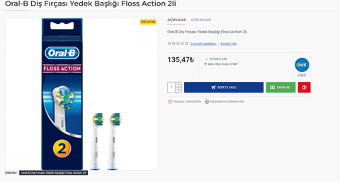 Oral-B Floss Action Diş Fırçası Yedek Başlığı 2'li - 22,14TL Ucretsiz Kargo  -- STOK BITTI