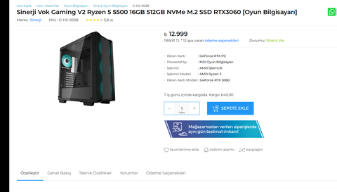 Sinerji Vok Gaming V2 Ryzen 5 5500 12.999 TL + 40 TL kargo