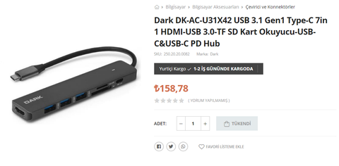 159 TL Dark DK-AC-U31X42 USB 3.1 Gen1 Type-C 7in 1 HDMI-USB 3.0-TF SD Kart Okuyucu-USB-C&USB-C PD Hu