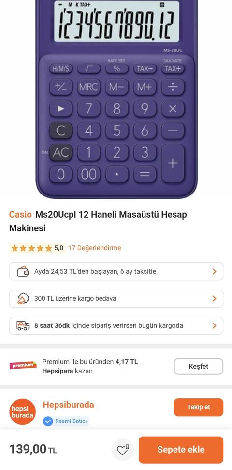 Casio MS-20UC Masaüstü Hesap Makinesi 139TL