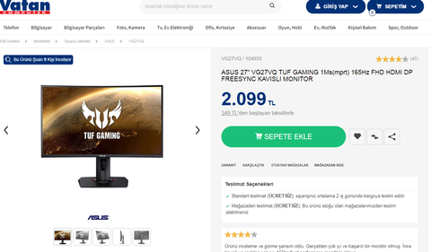 ASUS VG27VQ VATAN (2099+ 190 TL GERİ ÖDEME)