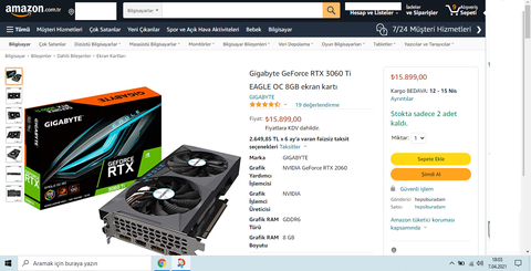 ₺15.899,00--Gigabyte GeForce RTX 3060 Ti EAGLE OC 8GB