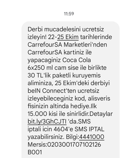 Derbi Maçı / CarrfourSa'da 30 TL alişverişe beinConnect kodu veriyor. Cola ve kuruyemiş olacak.