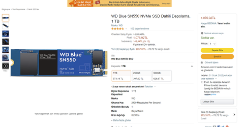 WD 1TB Blue SN550 NVMe M.2 SSD --- 749 TL