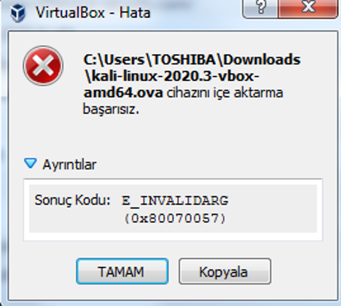 VirtualBox Kali Linux yükleme hatası