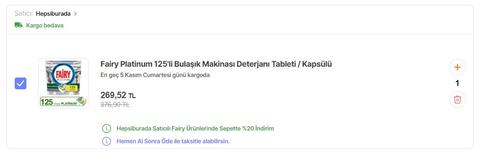 Fairy Platinum 125'li Tablet 269,52 TL (2,15 TL/adet)