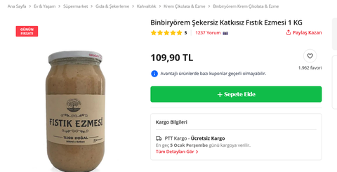 1 KG Doğal Fıstık Ezmesi 109,90 TL Kargo Bedava