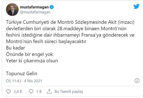 Mustafa Armağan: Montrö'nün fesih süreci başlayacaktır