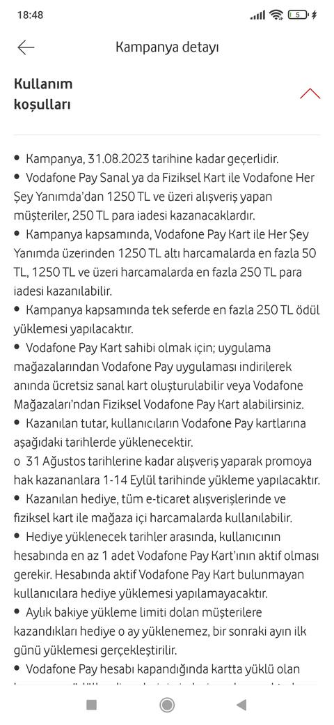Vodafone pay Vodafone Yanımda 1250/250 TL iade