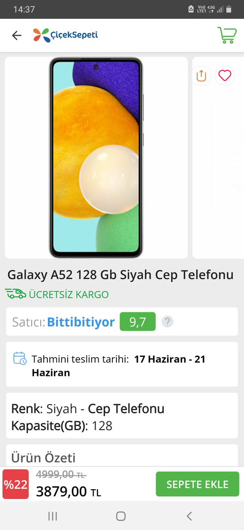 Çiçeksepeti-Samsung A52 128 gb 3879 TL