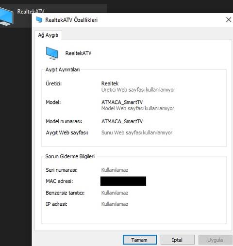 Windows 10 Ağ'da RealtekATV diye smart tv var