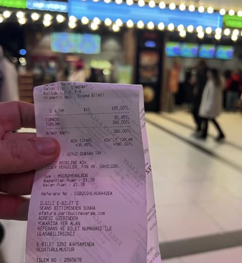 2 kişilik sinema bileti+mısır kola 720 tl