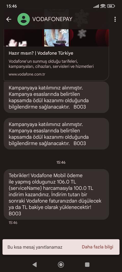 Vodafone yanımda 100 TL harca 100 TL iade