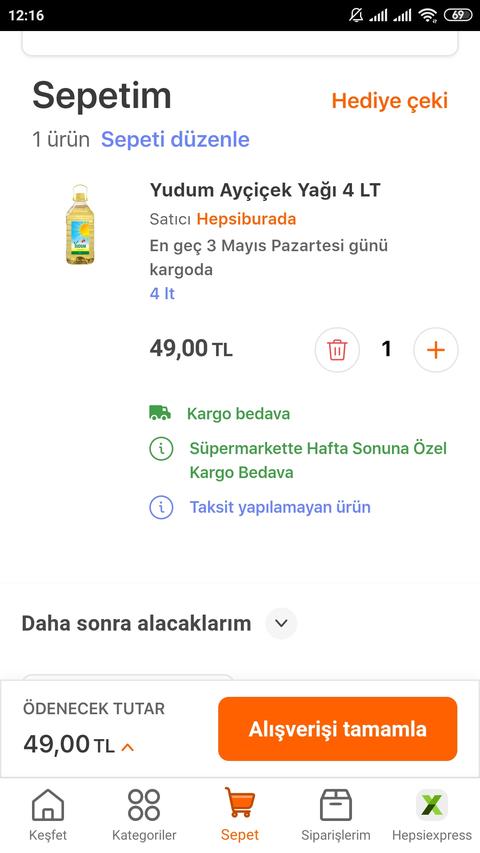 Yudum Ayçiçek Yağı - 4 lt 49 TL (HB) Kargo Dahil