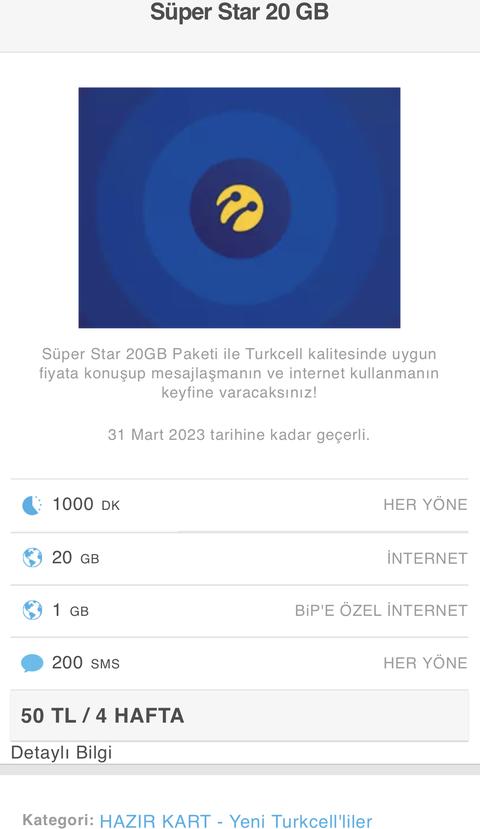 Turkcell 20 GB 50₺ (Yeni Faturasız hat alanlara özel)