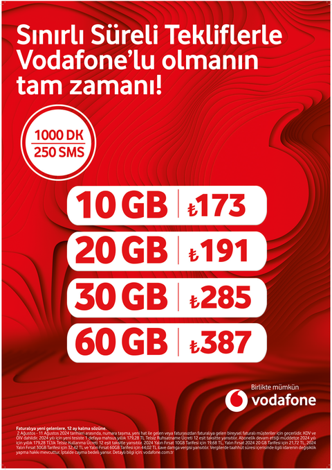09.09.2024 - Vodafone'da 60 GB 387 TL / 10 GB 173 TL / 20 GB 191 TL / 30 GB 285 TL - BELİRLİ İLLERDE