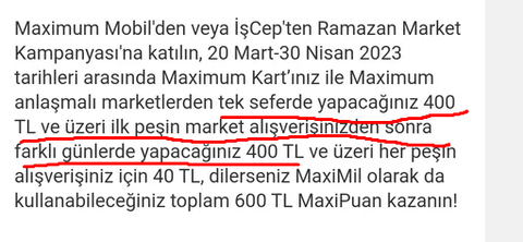 Maximum Kart Market Alışverişlerine 600Tl Maxipuan2023 Ramazan