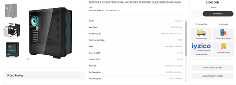DEEPCOOL CC560 LED 750W 80+ Bronze Tempered Glass Kasa [2.040 TL]