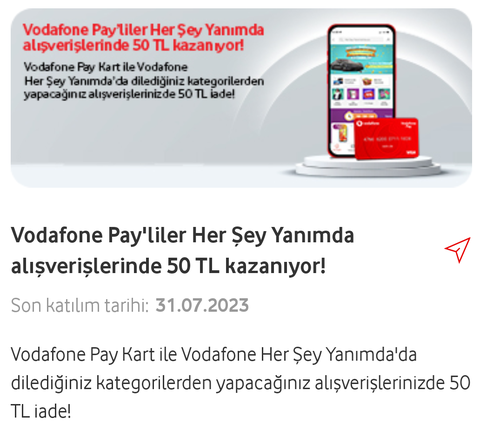 Vodafone pay/Vodafone yanımda 50tl iade