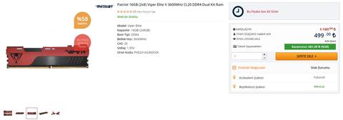 Stok bitti ama takip! | Patriot 16GB (2x8) Viper Elite II 3600MHz CL20 DDR4 Dual Kit Ram | 499 TL