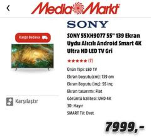 Mediamarket SONY 55XH9077 55 tv 7999 tl tv arayanlara
