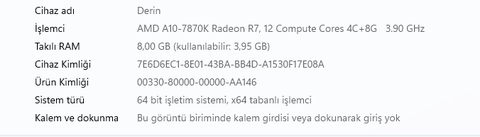 Gigabyte F2A88XM-DS2 REV 3.1 Anakart ve 7870K APU ile Win11'de 8GB RAM'in 3.95 görünmesi