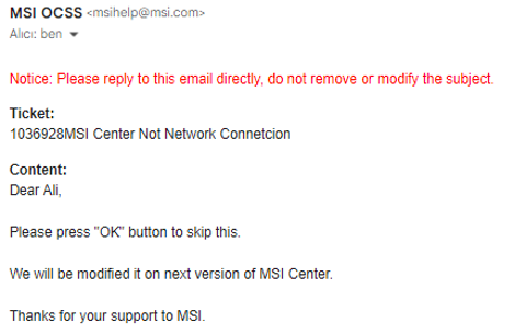 MSI Center İnternet Bağlantısı Yok hatası