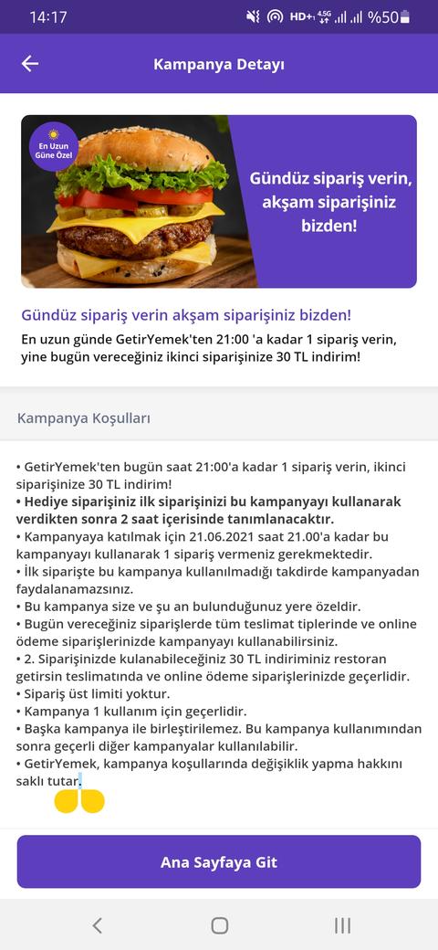 25.06.2021 Getir Yemek 1 sipariş verin ikinci sipariş 30 tl indirimli