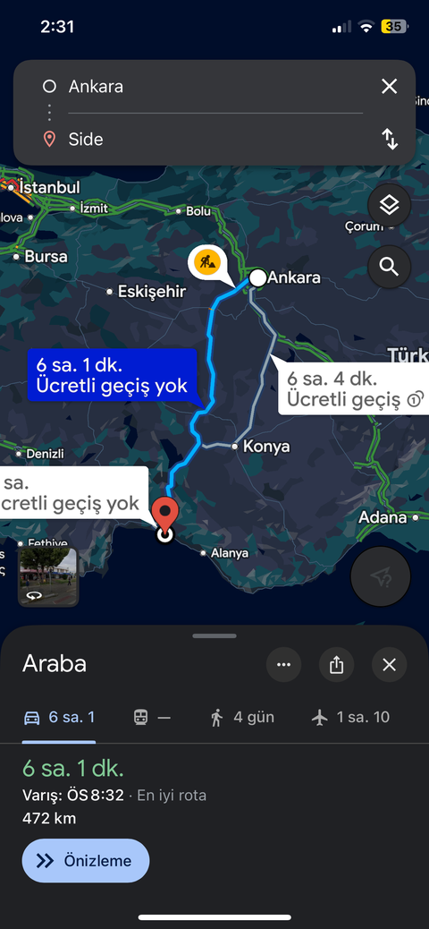 Ankara - Antalya Side Yol Önerisi