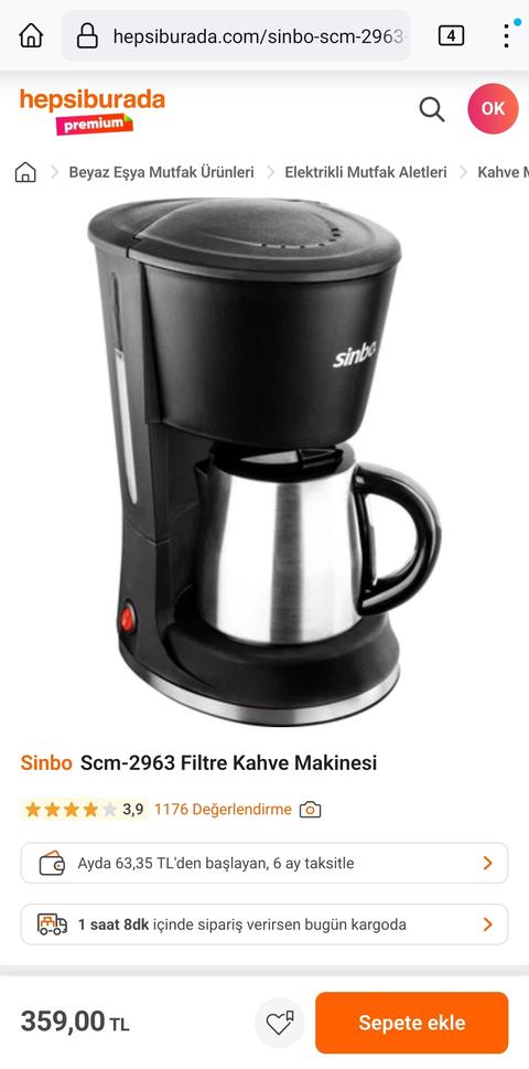 SinboScm-2963 Filtre Kahve Makinesi 359tl