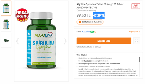 Spirulina 120 Adet Tablet 47,29 TL YANIYOR!!