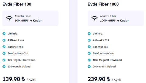 Atlantisnet - Evde Fiber 1000 MBPS 239.90 ₺ / 100 MBPS 139.90 ₺