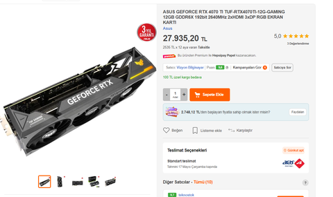 Asus Geforce Rtx 4070 - 16.299,00 TL / ASUS GEFORCE RTX 4070 TI TUF - 21.699,00 TL