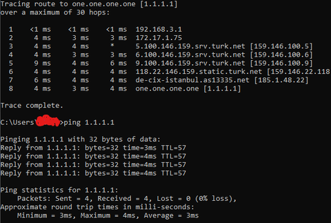 Turknet 1.1.1.1 packet loss