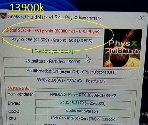 13900k-Cpu'nun PhysX işlem gücü RTX 3080 GPU'dan yüksek