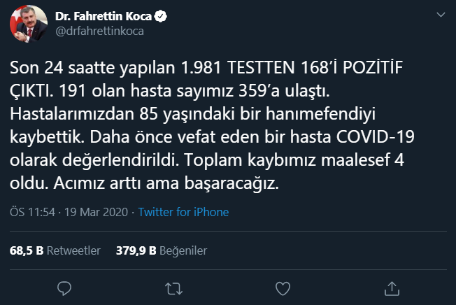 Koronavirüs vaka ve ölü sayıları