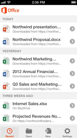 Office 365'in iOS versiyonundan ekran görüntüleri